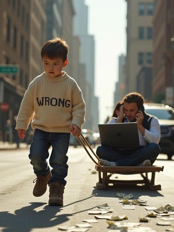 Realistic city street scene on clear day. 7-year-old boy walking forward pulling wooden sled with thick rope. Boy wears cream knitted sweater with word “WRONG” stitched across chest dark jeans worn boots. Facial expression shows strain under load. Seated on sled are two adults man woman in formal clothing working on laptops holding smartphones. They appear absorbed in work unaware of boy's effort. Quiet sunlit street surrounded by tall detailed buildings. Crumpled US hundred-dollar bills scattered across pavement. Soft natural lighting casting shadows. Highly photorealistic image with sharp detail.