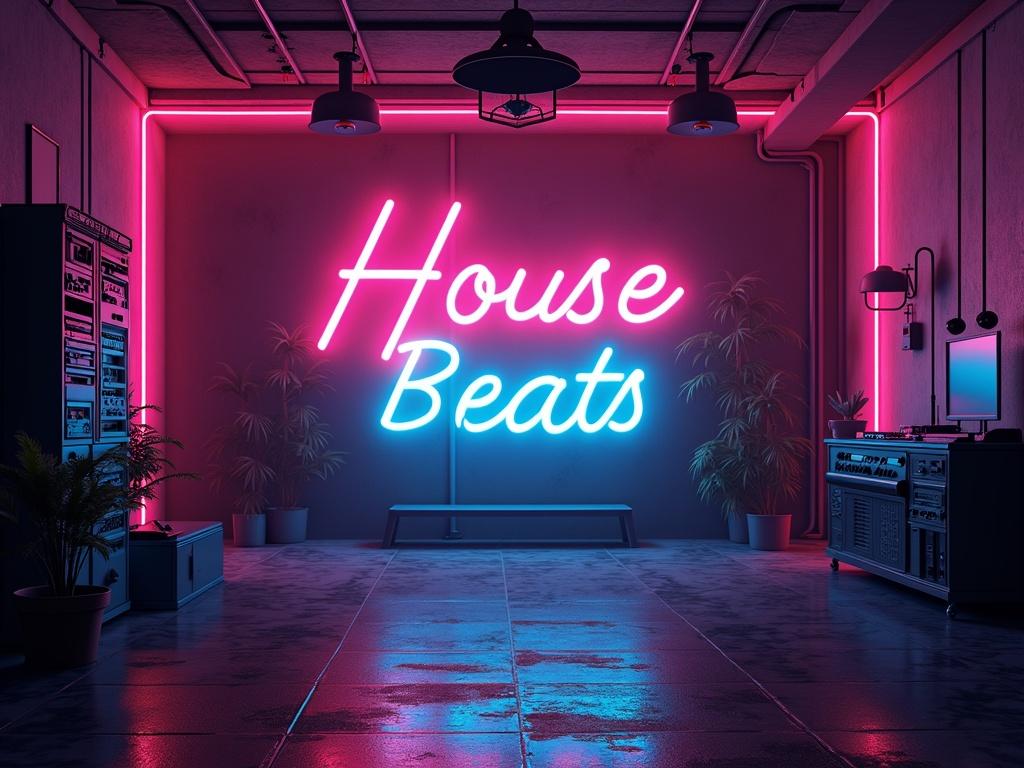 Neon artwork featuring the text House Beats. Room designed with retro aesthetics. Bright colors and unique lighting. Ideal for music themes.