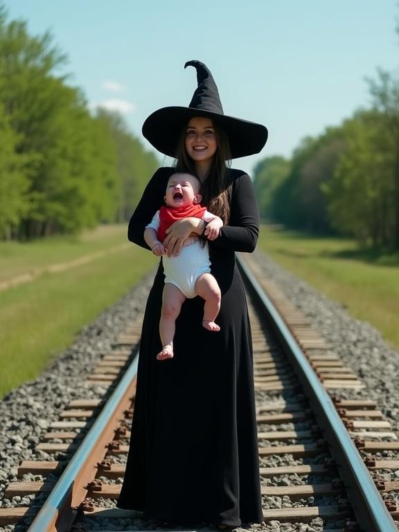 A woman wears a pointy black witch hat and a long black dress. She stands on railroad tracks in the countryside. Green trees surround the area under a clear blue sky. She smiles ominously. The woman holds a crying baby in a red bib and white onesie. The setting has an eerie and surreal feel with dark fantasy elements.