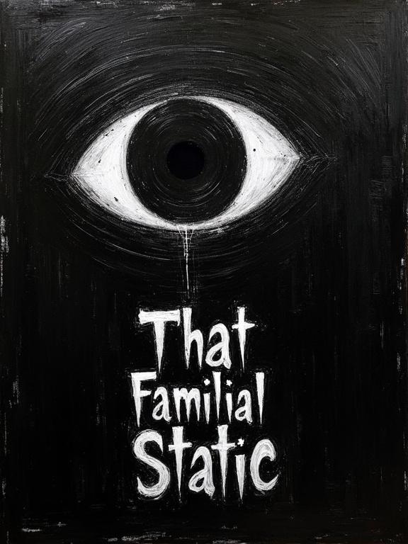 An extremely rough oil sketch on a rough textured black background. A giant silhouette eye emerges from the top right corner. The eye is filled with a cosmic void. White distorted shadows stretch out below the eyelid. They spell out 'That Familial Static' in scratchy long warped extremely rough lettering.