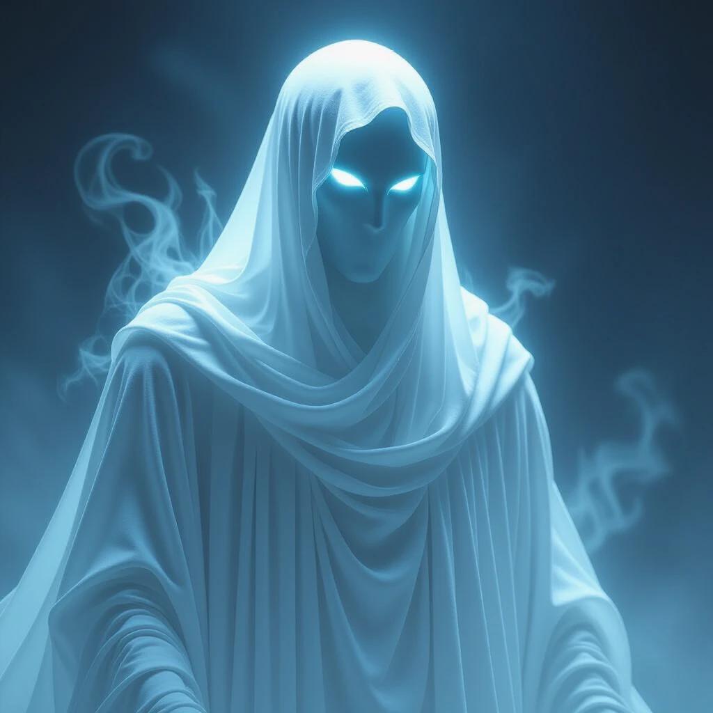 Ghostly figure draped in white robes. Ethereal glowing eyes emitting blue light. Misty background with fog and a haunting atmosphere.