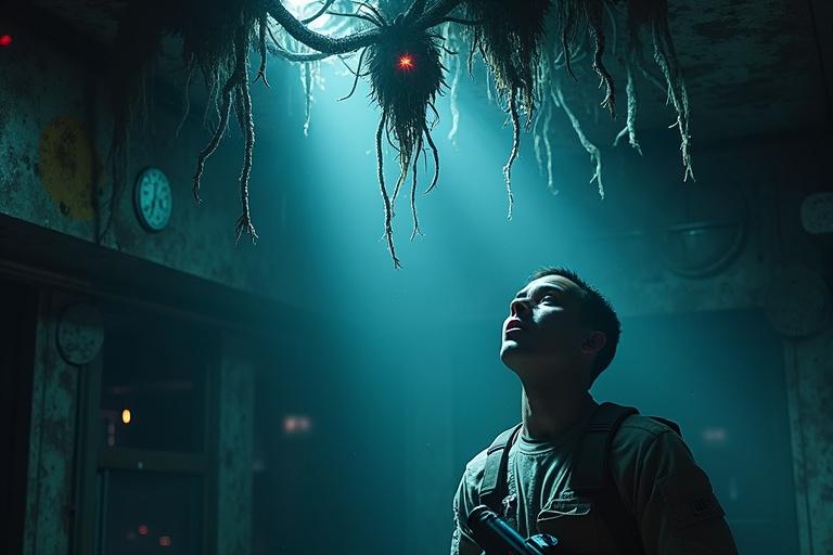 Cinematic scene inside destroyed alien spacecraft. Dimly lit with smoke. Walls feature cracked metallic panels and flickering lights. Strange alien plant grows from ceiling with translucent tendrils. Plant exhibits blue bioluminescence, dark twisting vines, and glowing bulbs. Foreground includes army soldier with flashlight, expressing shock. Moisture drips from the plant, spores float in the air. Perspective from below soldier looking up at the alien plant. Composition is ultra-realistic and mysterious.