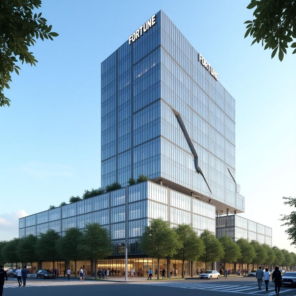 Modern corporate building named 'FORTUNE'. Sleek glass facade with geometric design. Tall structure against blue sky. 'FORTUNE' displayed at the top. Surrounded by trees in a business district. People walking foreground suggests commercial space. Architectural design emphasizes minimalist features. Numerous large windows and clean lines.