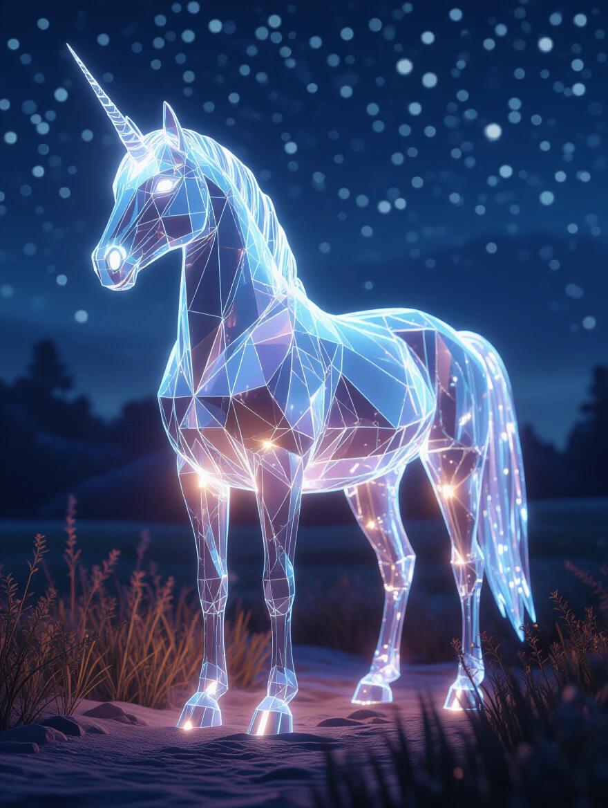 Digital portrait of an illuminated crystal horse at night. The horse appears glowing and mystical. Background features a starry sky with soft colors. The atmosphere feels epic and serene. Created using Unreal Engine 5 with a wide shot perspective.