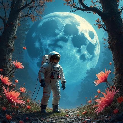 An astronaut stands in the forest. The background features a large geode moon. Vines and glowing alien flowers surround the scene. Vibrant deep colors create an otherworldly atmosphere.