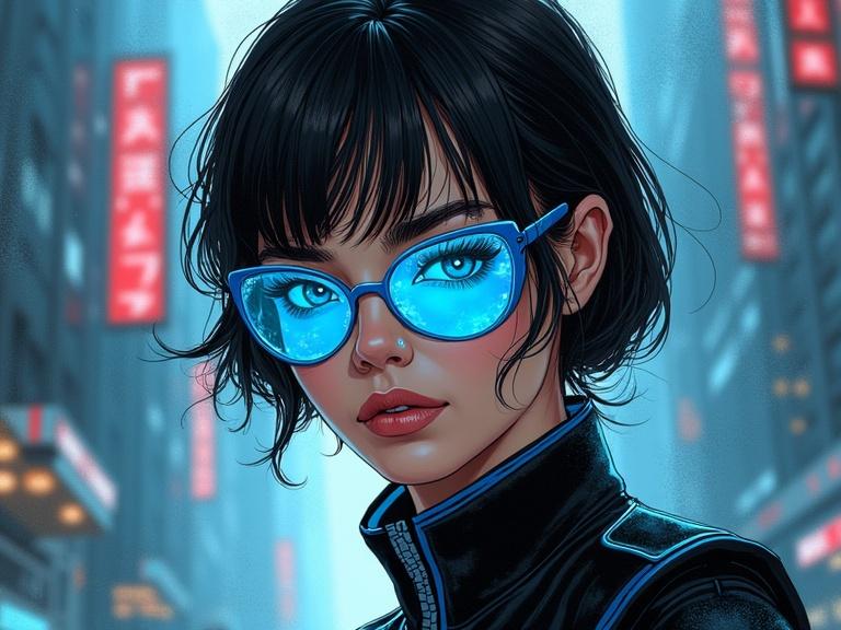 A close-up portrait of a character in a black and blue futuristic uniform. The character wears blue transparent holographic shades. The background features a dystopian cityscape. The scene captures a gritty and moody atmosphere with expressive ink lines and flowing forms. The art style is reminiscent of Tula Lotay's work, focusing on mood and texture.