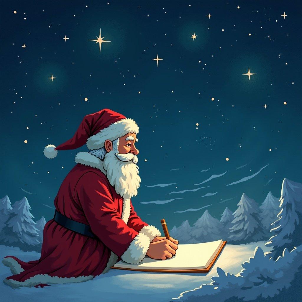 Father Christmas dressed in red robes. Writing in a large notebook. Surrounded by snow and pine trees. Looking up at a starry sky. Stars shining bright. Magical Christmas atmosphere.