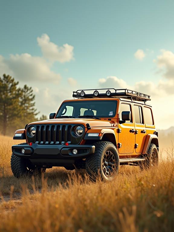 Realistic image depicting a Jeep Wrangler in a summer landscape. Vehicle parked in a field with tall grass and a clear blue sky. Bright sunlight highlights the features of the Jeep. Inviting outdoor setting suggests adventure and exploration.