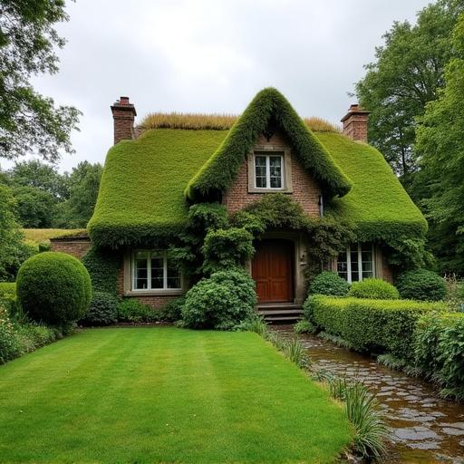 Irish house with abundant greenery on the roof surrounded by a well-maintained garden