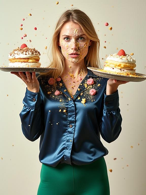 Photo of woman covered in various desserts. She stands center facing forward. Expression obscured by food. Dark-blue satin shirt is smeared with colors. Green satin leggings beneath the shirt. Pale off-white background. Natural lighting. Plates and food around her. Comedic chaotic scene with focus on food. Colors mix bright and muted tones. Dark stains on face and clothing. Image composition centered on the person covered in food. Scene is intensely chaotic.