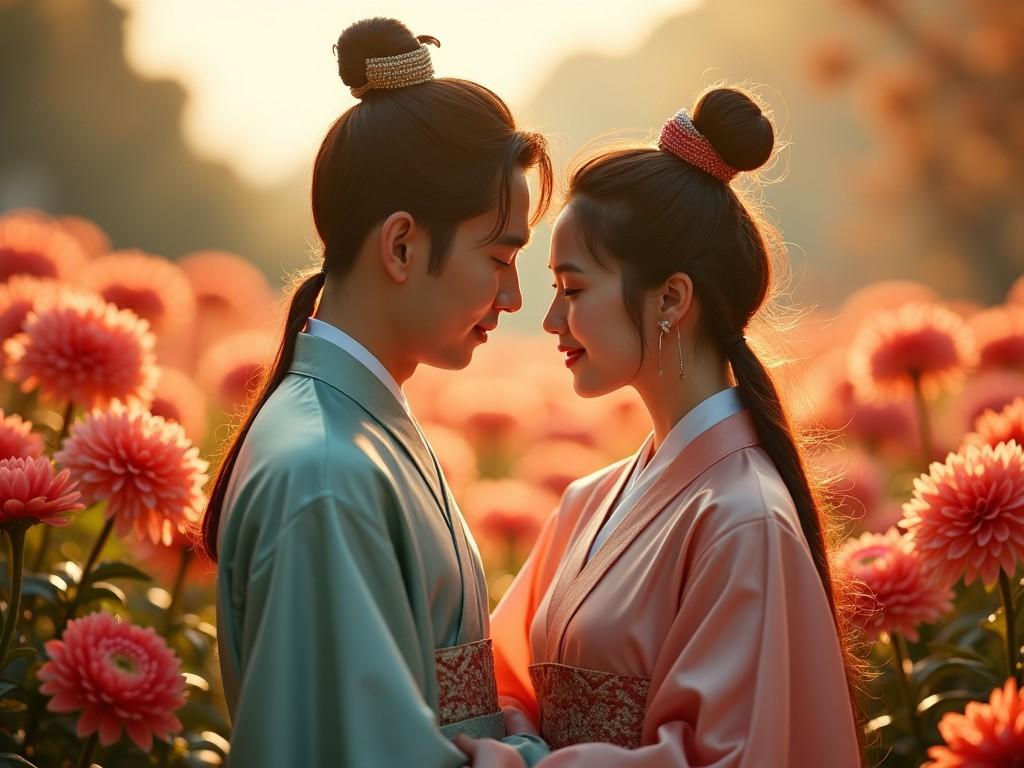 In a realistic movie scene, a pair of lovers dressed in traditional Hanfu stand closely, admiring the vibrant chrysanthemums around them. The image is in a detailed close-up, capturing the intricate designs of their garments. The sunlight filters through, casting a warm, golden glow typical of cinematic lighting techniques. The vivid colors of the flowers are enhanced through movie color correction, adding depth to the scene. The atmosphere is serene, with a gentle breeze making the flowers sway gently.