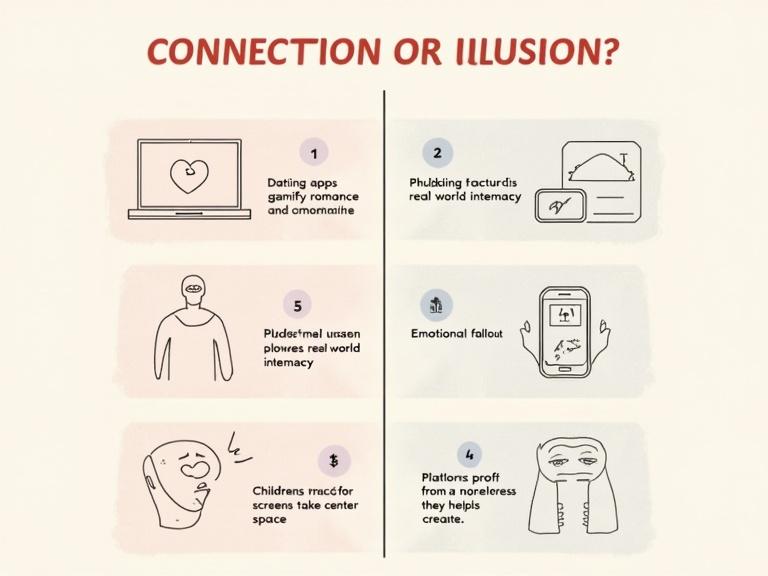 Create an infographic titled “connection or illusion?” using soft neutral colors. Divide the infographic into two vertical sections. Left side displays digital interactions with smartphones. Right side depicts emotional disconnection with symbols like a broken heart and a neglected child. Use serif font for the title and sans-serif for body text. Title is centered at the top. Include phrases about dating apps, phubbing, children feeling unseen, and platforms profiting from loneliness.