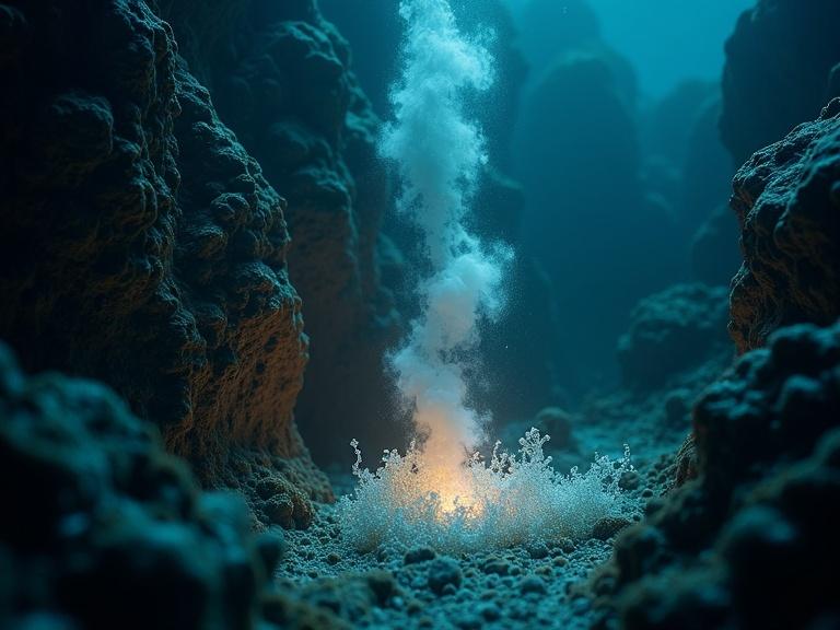 Ultra-detailed macro shot of hydrothermal vent underwater emitting shimmering waves and bubbles. Bioluminescent mats glow on volcanic rock. Focus on single spark of light amidst chemical reactions. Cinematic lighting, moody atmosphere. Photorealistic style, 16:9 ratio.