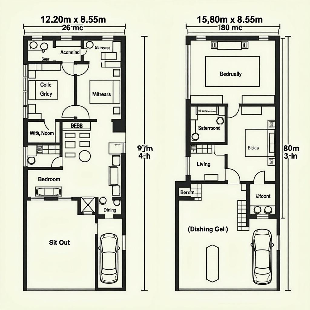 Detailed top-down layout of a house in Kerala. Dimensions are 12.20m by 8.55m and 15.80m by 8.55m. It has 2 bedrooms with attached bathrooms. Includes sit-out area living room kitchen storeroom dining hall staircase to upstairs and car parking space.