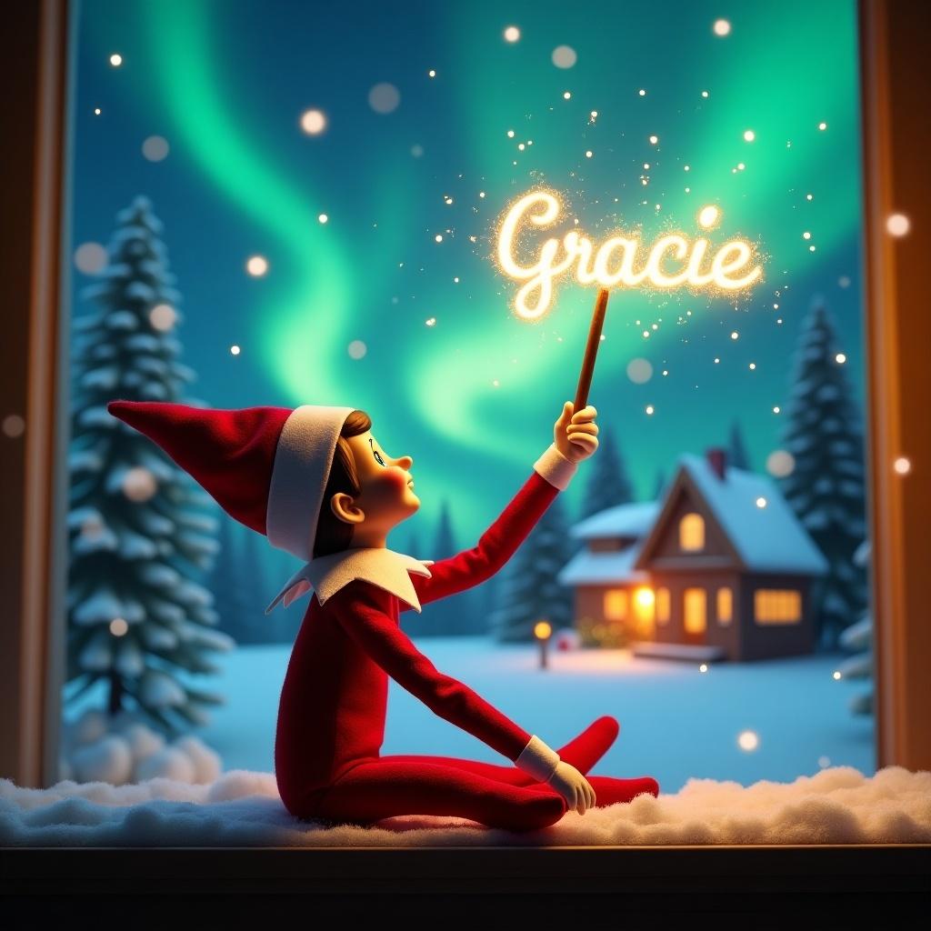 An elf sits with its back to the viewer gazing skyward. It holds a glowing wand that emits sparkling light. The background shows a Christmas scene with colorful northern lights. In the distance, a cozy house decorated for the holidays. Snow covers the ground. The elf is in a playful position embodying Christmas magic. The name 'Gracie' is written in the air with the wand.