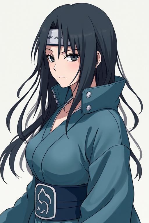 Anime original character with long black hair and gray eyes. Wearing a short dark blue fitted dress that shows shoulders and collarbone. White boots and Konoha headband at her waist. Voluptuous body figure.