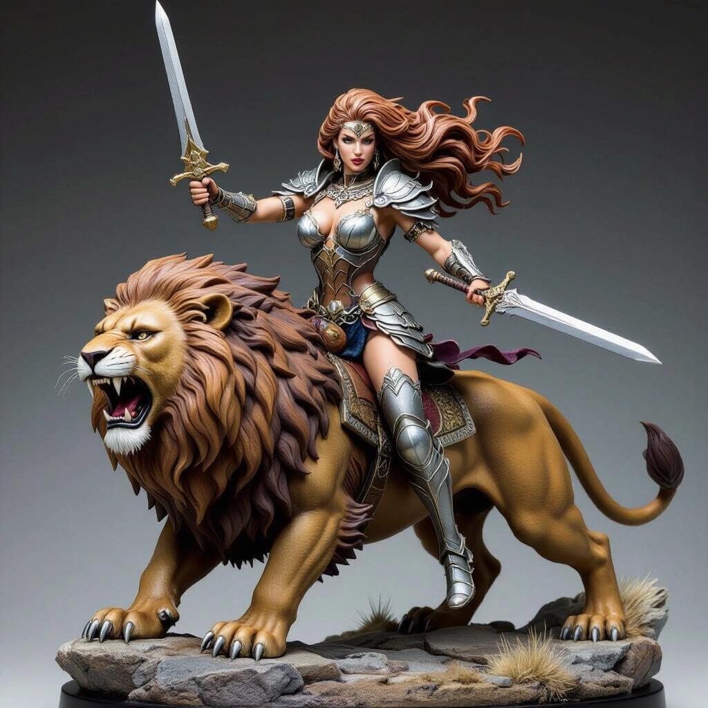 Ultra-detailed resin sculpture of a female goddess mounted on a giant lion. Figure in a dominant pose on the lion's back with sword and shield. Long, wavy light brown hair with white highlights. Wears stylized feline armor. Facial expression is haughty and determined. Lion roars on front paws. Base is rocky with solar symbols. Semi-realistic style, high detail, connected for resin printing.