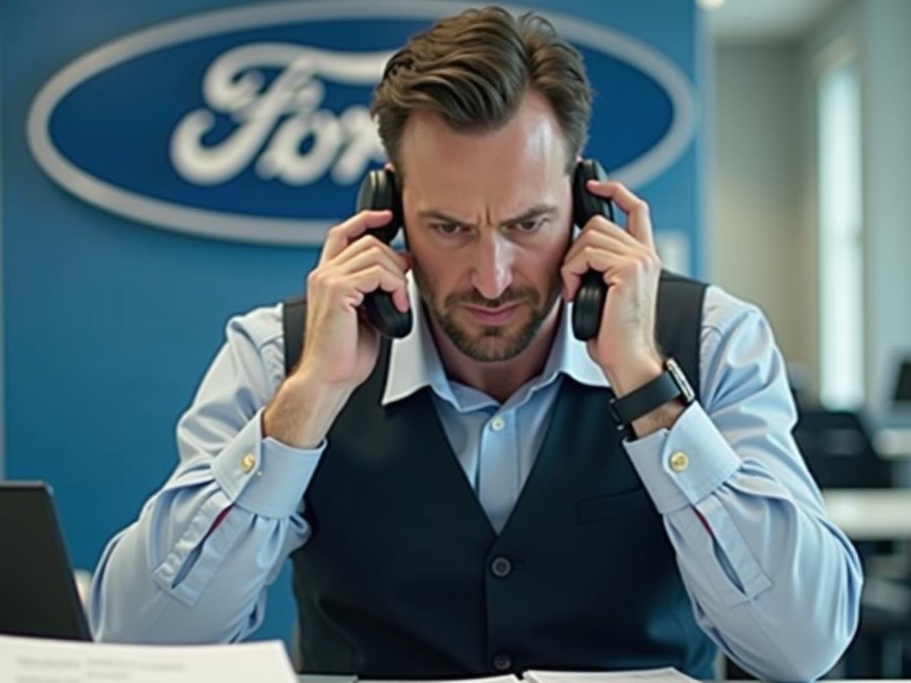 The image shows a man in a business environment, likely at a corporate office. He appears to be focused and somewhat stressed, as he has two phone calls going on at the same time. The background features the Ford logo, suggesting that he may work for the automotive company. He is wearing a light blue shirt and a dark vest, and his posture indicates that he is in a serious discussion. There are papers in front of him, hinting that he may be dealing with important documents or reports.