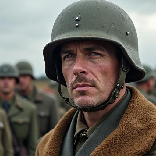 A soldier from World War 2 wearing a helmet and military uniform. Focus on facial expression and attire. Background features other soldiers and a wartime setting.