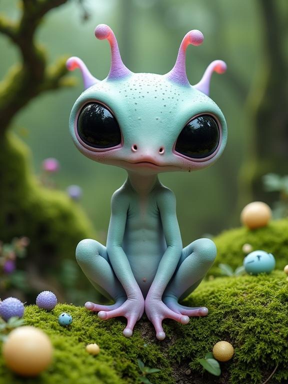 Surreal alien-like creature seated in mossy environment. Creature has a pale blue to mint green body with lavender pink accents. It has large black eyes on stalks. The background features dense green moss and colorful spherical objects. Scene is imaginative and magical, with a calm mood.