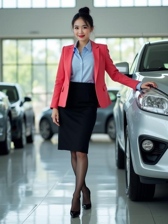 Full-body view of car saleswoman. She has jade-white legs in black pantyhose. Wears black closed-toe heels with ankle strap. Dressed in light-blue button-up shirt and knee-length black skirt. Rose-red blazer over shoulders. Confident pose beside silver sedan.