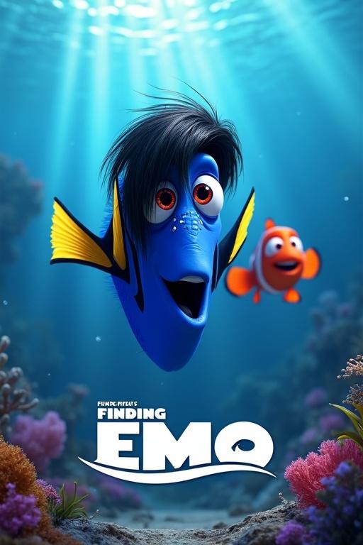 Disney-Pixar style movie poster features Dory the blue tang fish character with emo-style hair multiple earrings and dark eye makeup. The orange clownfish Nemo appears in the background. Text reads EMO prominently in the center. Underwater scene with coral reefs seaweed and floating particles illuminated by sunlight. 3D computer animation with cinematic lighting and photorealistic water effects.