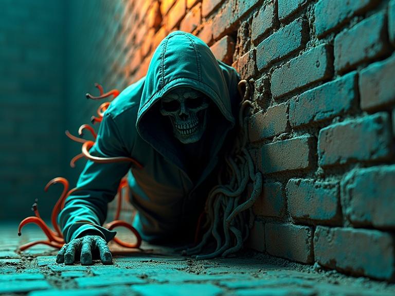 Eerie figure with a hood crawling from a brick wall. Body formed of flowing tendrils blending into the masonry. Dramatic lighting in teal and warm orange. Otherworldly surrealism in a dynamic perspective.