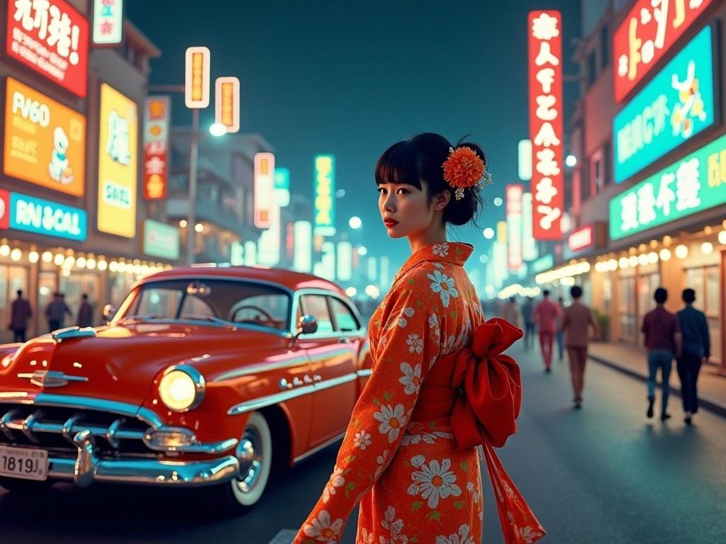 The image captures a futuristic retro scene set in the 1950s, featuring a Japanese woman in a traditional kimono. She stands confidently in the foreground, adorned with an exquisite flower in her hair. The backdrop is vibrant with neon signs illuminating the street, creating an inviting yet nostalgic ambiance. A classic vintage car is parked beside her, emphasizing the fusion of cultures. The scene evokes a sense of wonder, blending tradition with a futuristic twist.