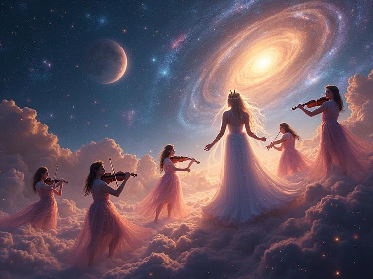 Majestic ethereal orchestra floating in space. Luminescent instruments surrounded by swirling galaxy. Celestial musicians in radiant attire. Soft serene faces glowing with otherworldly light. Violinists resembling shooting stars. Conductor with star crown directing cosmic music. Colors of deep blue, purple, gold against shimmering space backdrop. Cosmic themes and mythological elements.
