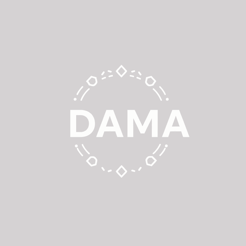 The image features the word 'DAMA' in bold white letters, encircled by decorative geometric shapes on a light gray background.