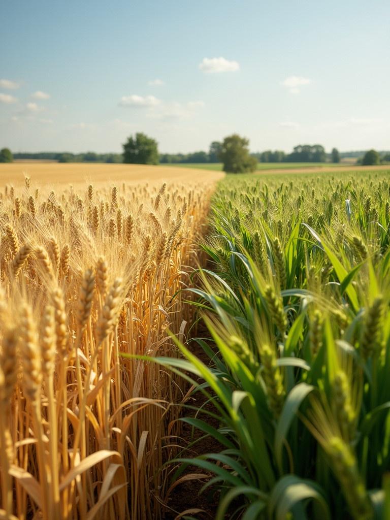 Wheat field on the left side. Green plants on the right side. Bright sunny day with blue sky. Clear line between the two fields.