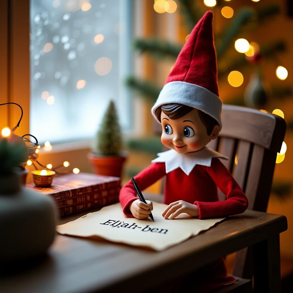 The image depicts a cheerful elf sitting at a wooden table, joyfully writing on a piece of parchment paper. The elf, dressed in a classic red outfit with a white collar and hat, is focused on writing the name 'Elijah-ben.' The background features a cozy, festive setting with twinkling fairy lights and a decorated Christmas tree in the window. Soft, warm lighting enhances the holiday atmosphere. This charming scene captures the magic of childhood imagination during the holiday season.