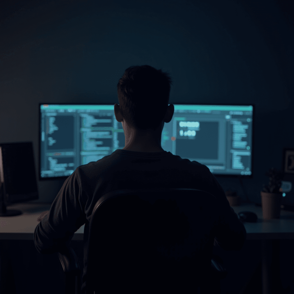 A person sits in a dimly lit room, facing a computer with code on multiple monitors.