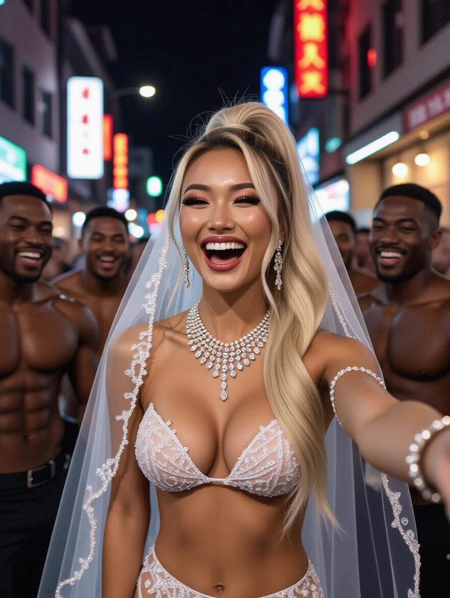 Smiling woman in wedding bikini standing on narrow cyberpunk street with bright neon signs. She wears heavy crystal jewelry and a delicate veil. Her blonde hair is styled in a high ponytail. She takes a selfie with her friends, who are muscular and appear behind her. The atmosphere is lively and colorful with night street ambiance and bright makeup.