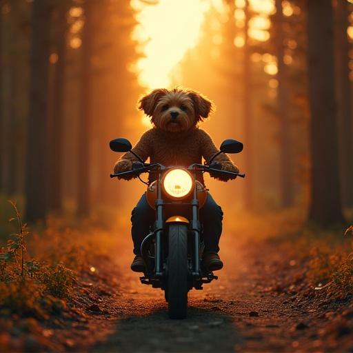 A humorous scene featuring a dog dressed like a biker riding a motorcycle through a foggy forest at dawn. The image captures the essence of adventure and whimsy. Focus on the bike and the surrounding trees illuminated by warm light.