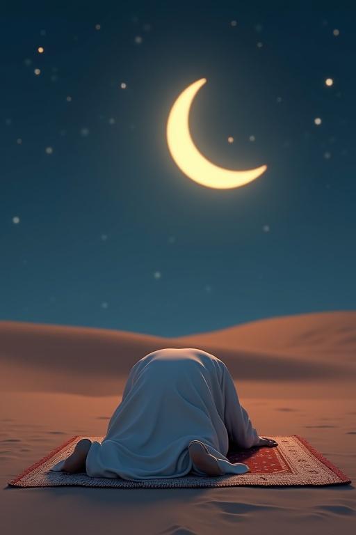 3D image of a man in prostration on a prayer mat in the desert at night. The moon and stars create a serene atmosphere. The robe flows gently in the breeze. The man's face is hidden, reflecting humility and connection to Allah.