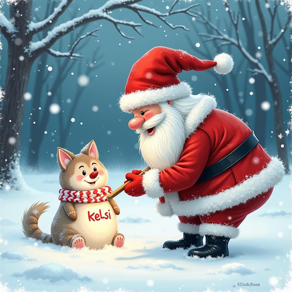 This image features a cheerful Santa Claus in his classic red outfit. He is drawing the name 'Kelsi' in the snow with a stick. Beside him is an adorable dog, playfully looking up at Santa. The background is a serene winter landscape with gently falling snowflakes and bare trees. The scene evokes a warm holiday spirit, perfect for Christmas-themed projects.