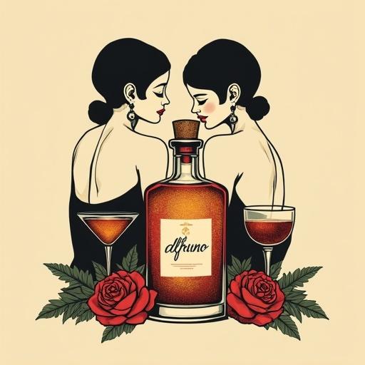 Minimalist screen printing artwork in black depicting two flapper girls posing in a 1920s speakeasy. An apothecary bottle filled with shimmering elixir rests nearby with a cork lid and elegant tag reading 'ALFRUNO'. Two cocktail glasses and roses surround the bottle on a beige background. The mood is mysterious, elegant, and seductive.