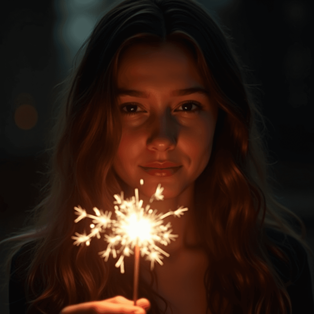 A young woman is warmly lit by a sparkling firework she holds against a dark, blurred background.