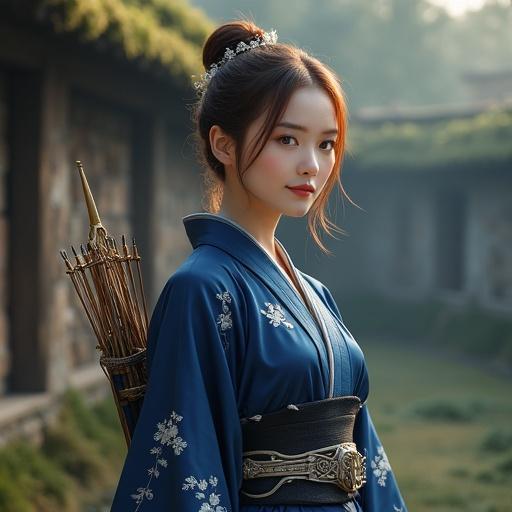 A female senior scout named Clarisse wearing a deep indigo kimono-style outfit. The outfit features silver cherry blossom embroidery and sheer sleeves. She has medium-length chestnut brown hair with a kanzashi hairpin. The background is a medieval training ground with ancient stone walls and soft morning mist.
