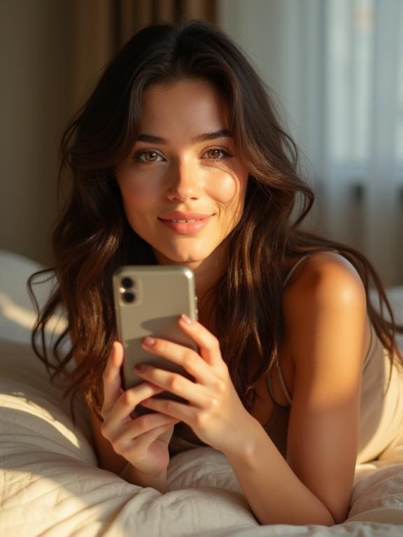 Close-up portrait of a woman in her bedroom. Natural light filters through sheer curtains. She takes a selfie with her smartphone. Smooth skin with golden highlights. Hair loosely styled and relaxed. Calm expression with a gentle hint of a smile. Soft warmth of a cozy modern interior. Linen sheets and minimal décor.
