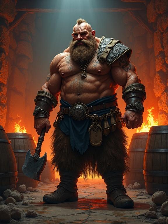 Digital comic book illustration of a muscular dwarf with a beard. Dwarf holds an axe and stands in a dimly lit tavern. Surrounded by wooden barrels and flickering torches. Vibrant colors used prominently. Dramatic lighting and textured brush strokes visible.
