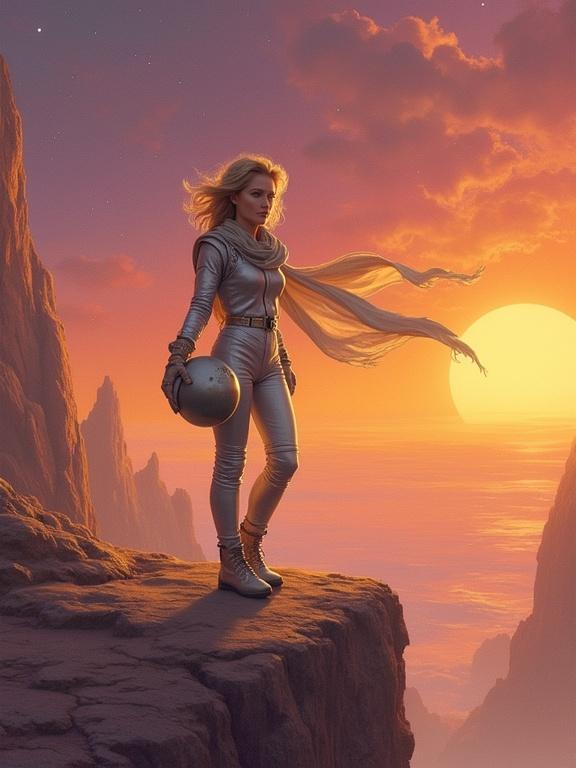 A strong female space explorer stands on a cliff. She overlooks a warm alien landscape at sunset. She wears a vintage silver spacesuit with a helmet under her arm. A flowing scarf blows in the breeze. Her expression is determined. The sky glows with stars and distant planets in warm golden and purple tones.
