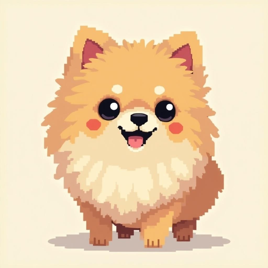 Pixel art design depicting a Pomeranian dog. The character is cute with a smiling expression. Use a maximum of three colors. The width of the image is 60 pixels.