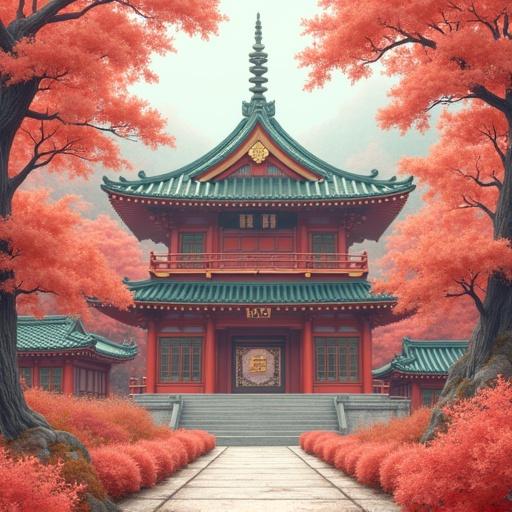 Scene depicting a Japanese temple surrounded by fully bloomed cherry blossoms in a serene landscape.