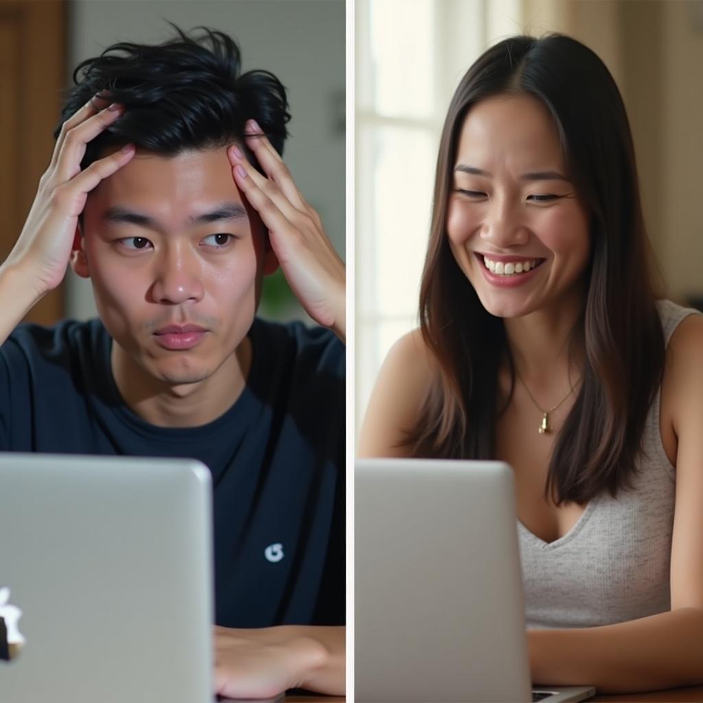 A clip showing two people side-by-side. Left person looks frustrated while trying to afford a laptop. Right person looks happy upgrading their rented device.