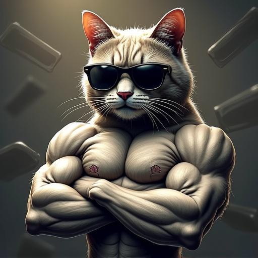 A muscular cat with a serious gangster face. The cat is wearing dark shades. Silver bars are being held. The background features dollar-related imagery. The overall theme is cartoon with a meme coin influence.