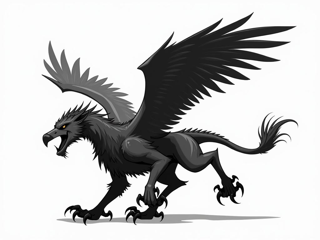 Mighty griffin illustrated in side view. Features prominent claws and wings. Stroke style design in monochrome similar to Scania logo.