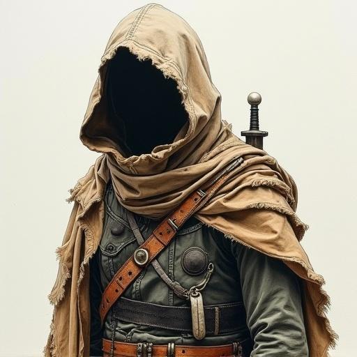 A rough oil and watercolor painting of a lean figure. The figure is cloaked in tattered fabrics with lightweight leather armor. The face is obscured by a deep hood. A collapsible spyglass and a dagger are strapped to their back.