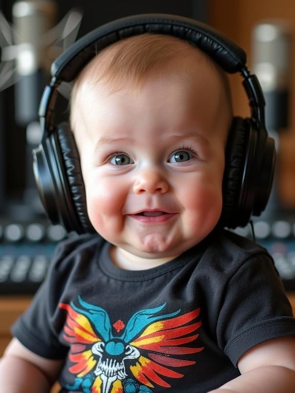 Close-up of a cute baby with chubby cheeks wearing rock and roll style clothes. Baby is looking straight at the camera with a confident smile and large headphones. Soft natural light illuminates the face. Blurred music recording studio background.